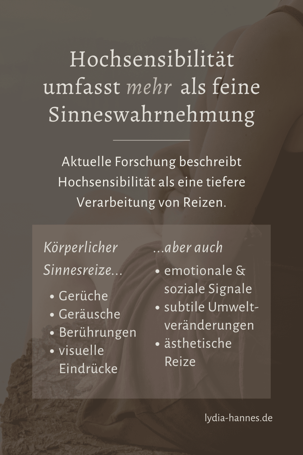 Infokarte Hochsensibilität 1: Aktuelle Forschung beschreibt Hochsensibilität als tiefere Reizverarbeitung, die sowohl körperliche Sinnesreize als auch emotionale und soziale Signale umfasst.